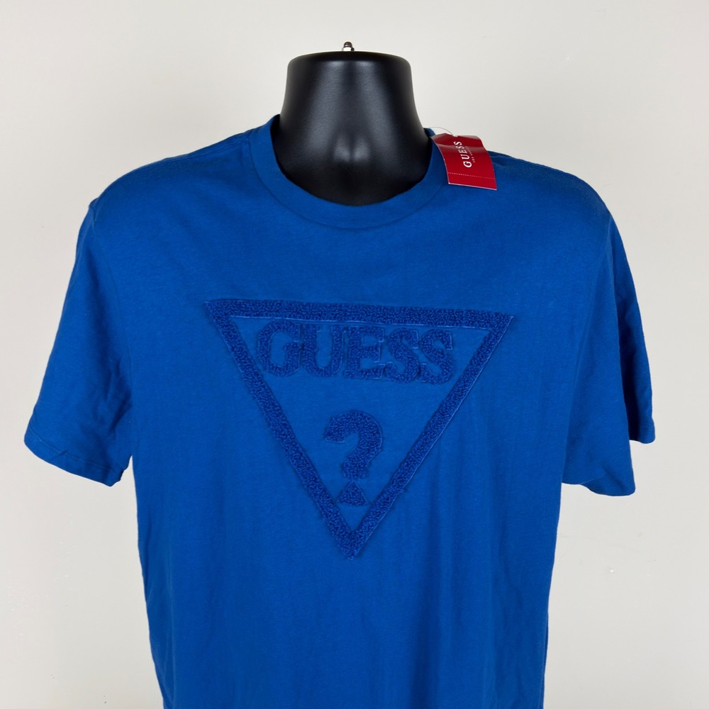 Guess Mens Blue Chenille Triangle Logo T-Shirt Large (42" Chest) New $49